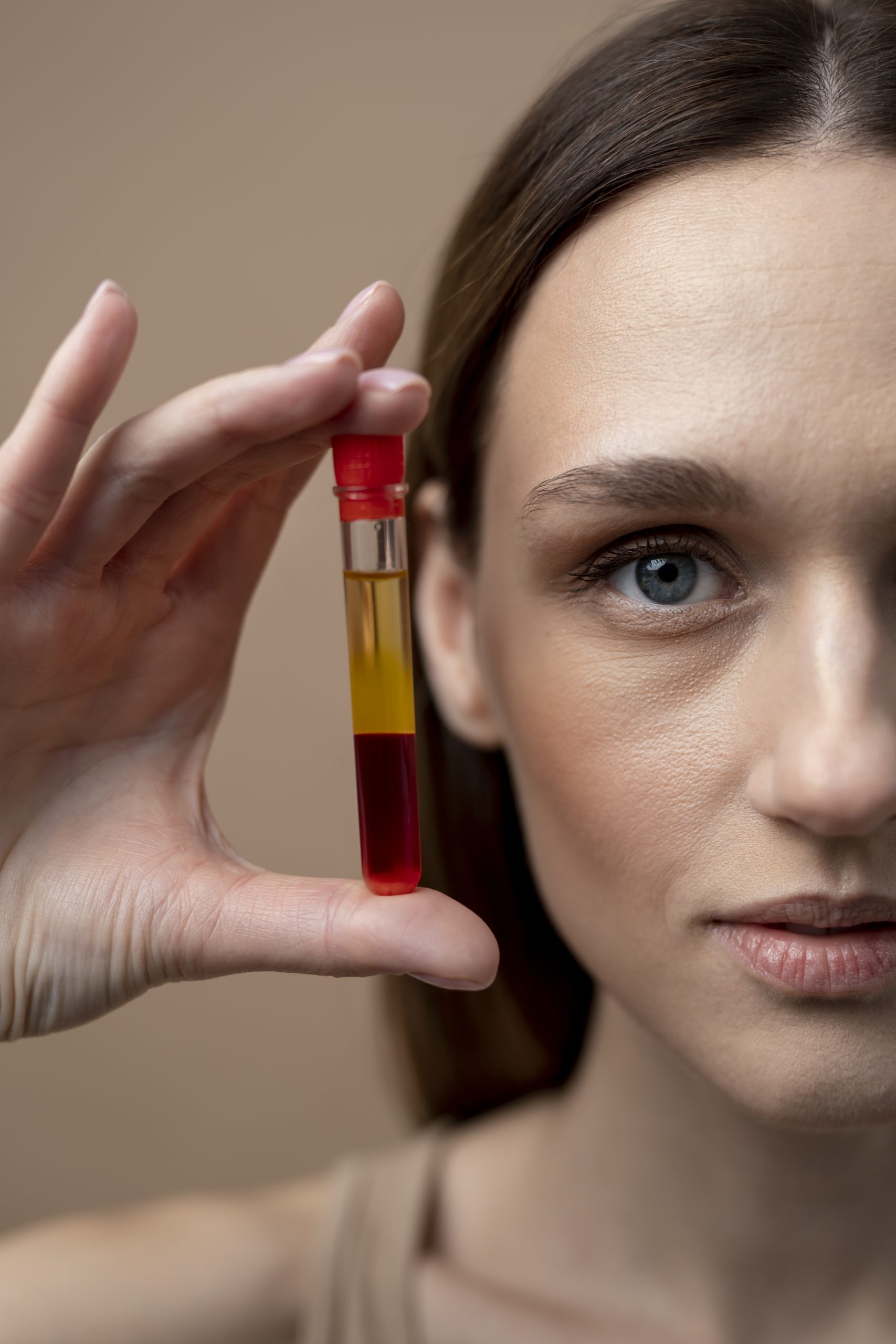 young woman holding prp vial in her hand