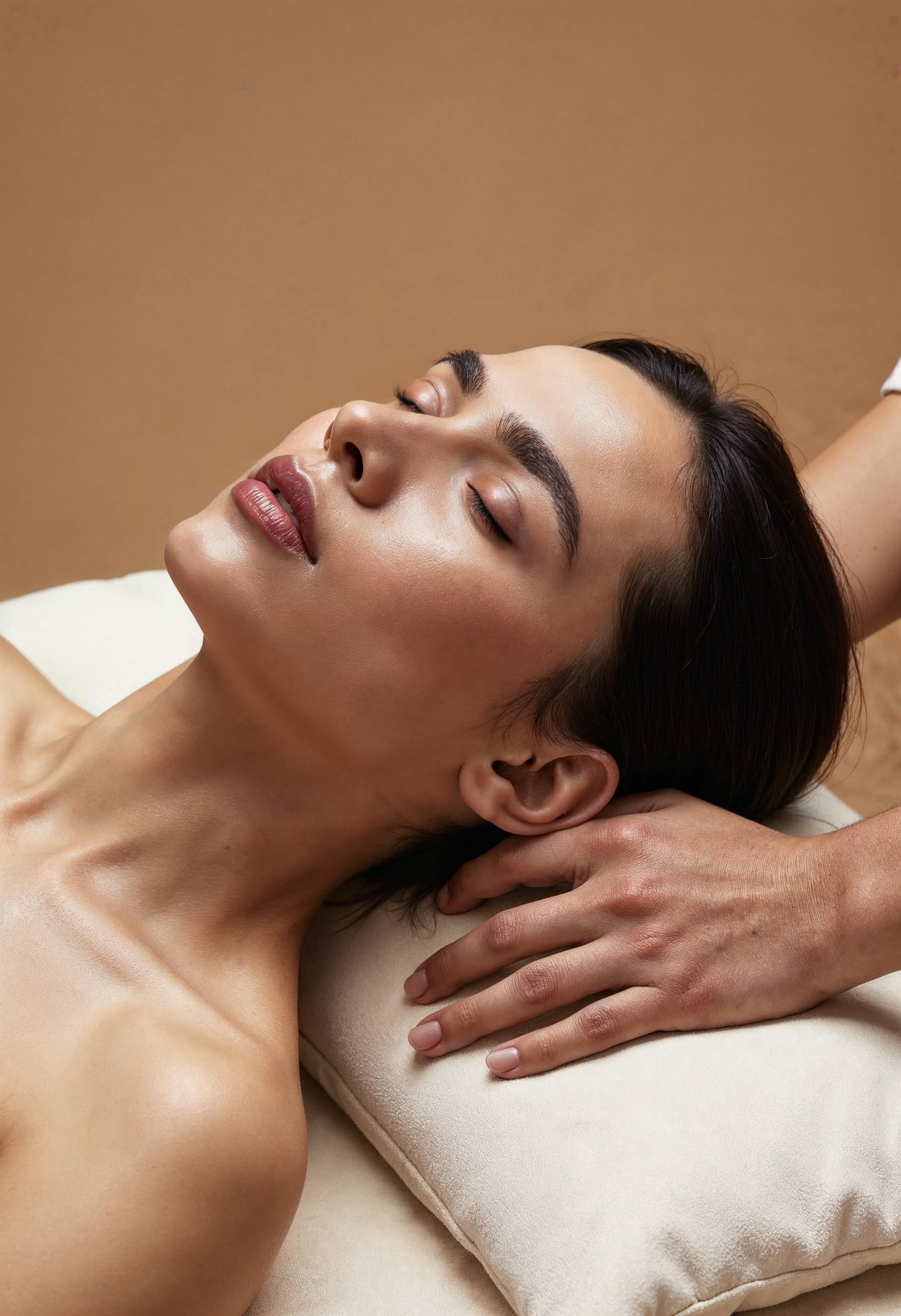 Close-up of a woman with glowing skin lying on a spa bed with eyes closed, receiving a relaxing LPG facial massage.