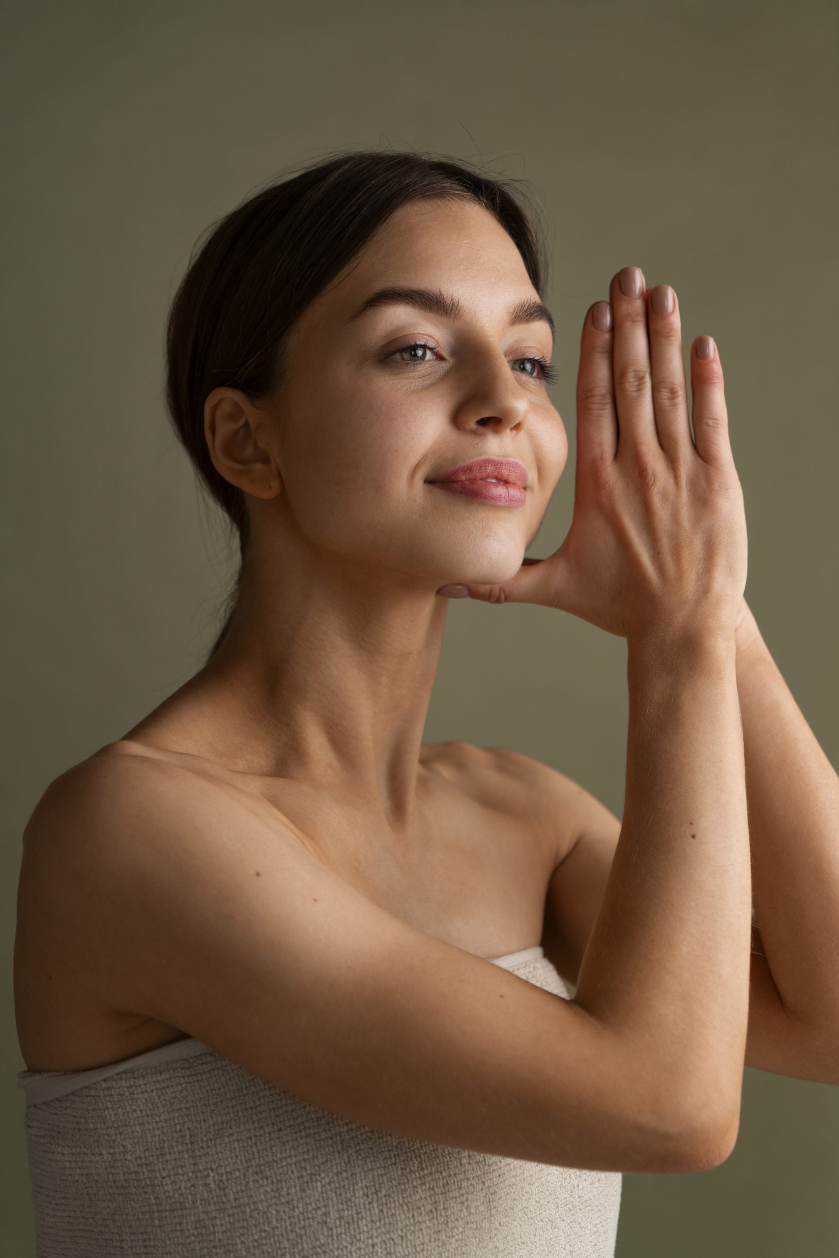 A serene portrait of a woman doing a facial yoga pose to promote youthful, healthy skin, captured in warm natural light.