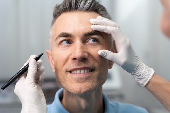 A smiling man looks upward while gloved hands hold a marker and touch his forehead, as if planning a cosmetic procedure.