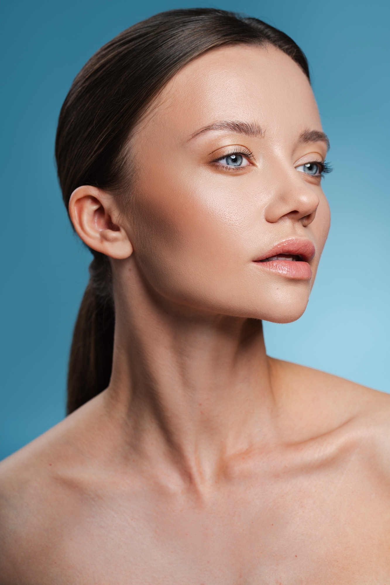 Close-up portrait of a woman with sleek pulled-back hair and blue eyes, posing against a blue background.