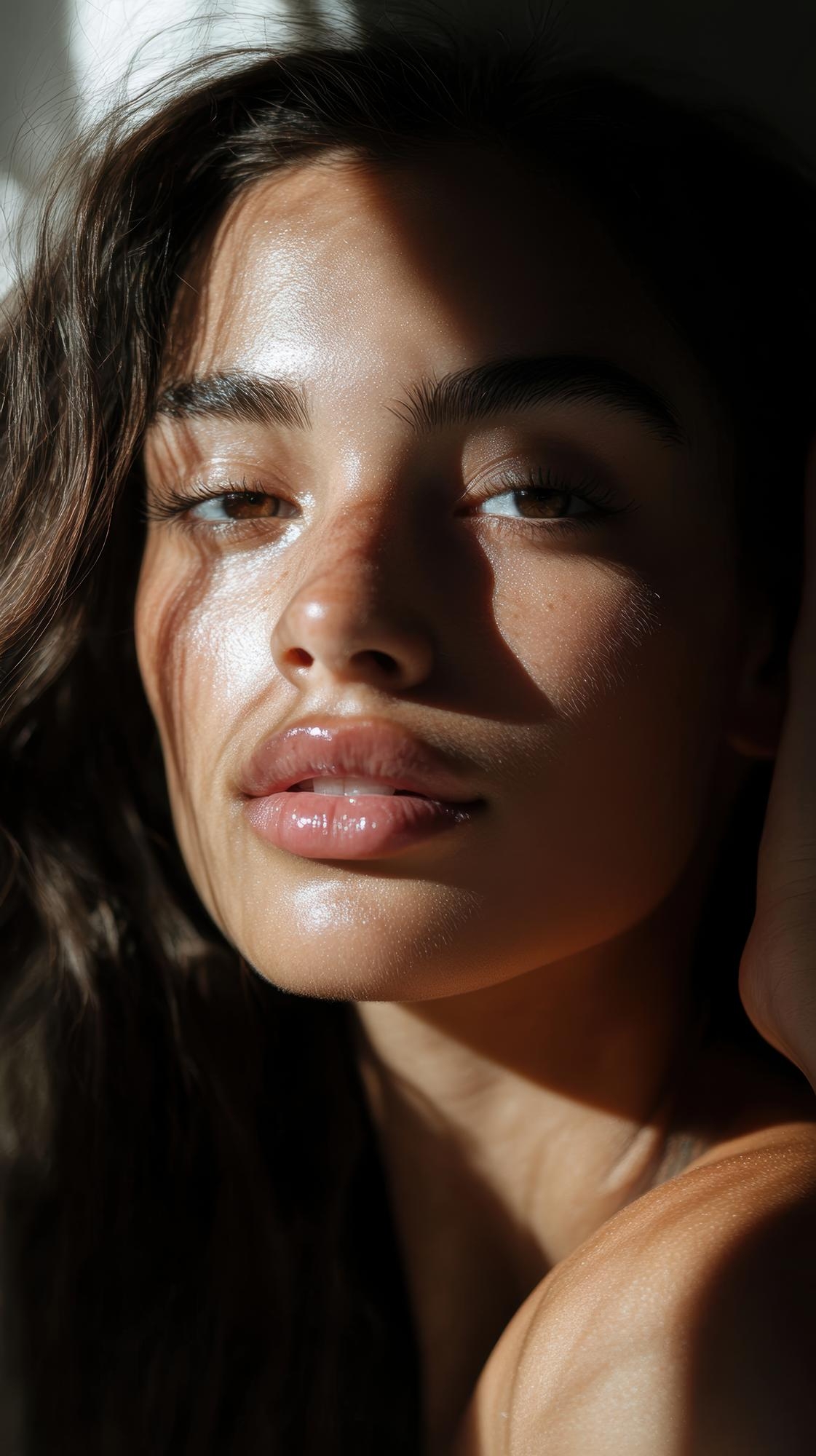 Dramatic close-up of a woman’s face with warm sunlight and shadow across her skin.