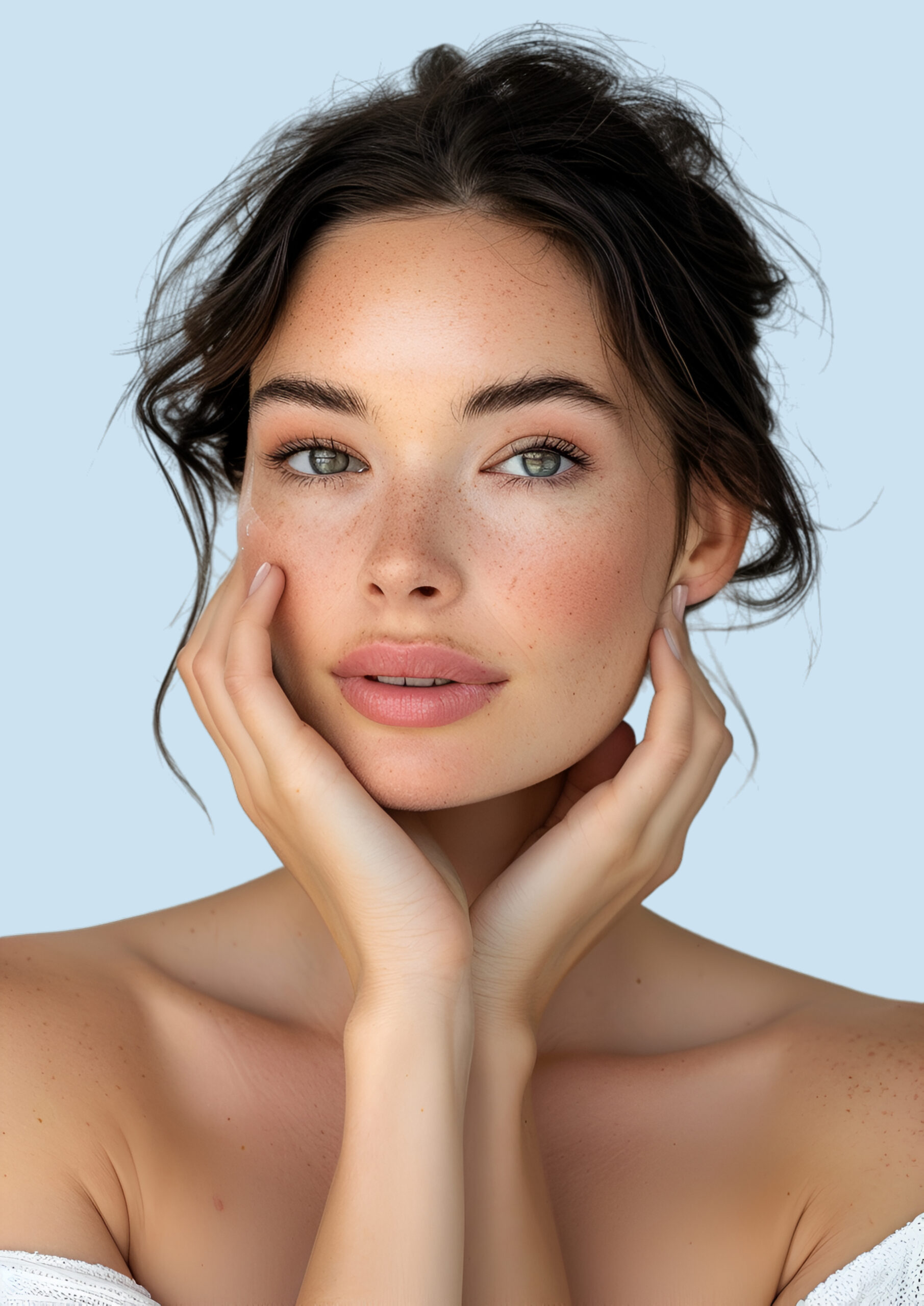 Close-up of a freckled woman with green eyes softly holding her face against a pale blue background.