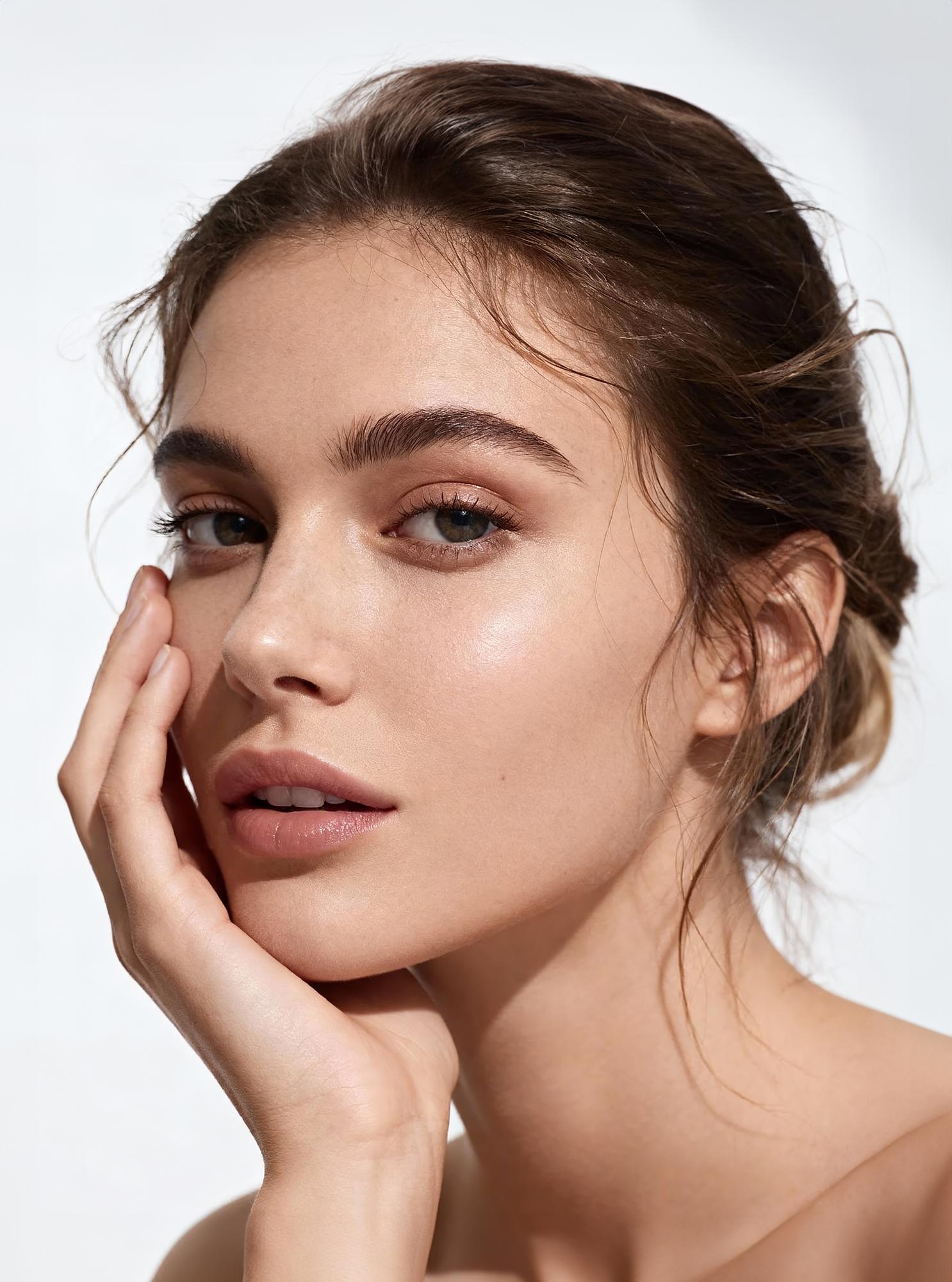 Close-up of a brunette woman with natural makeup and luminous skin resting her face gently on one hand, looking confidently at the camera.