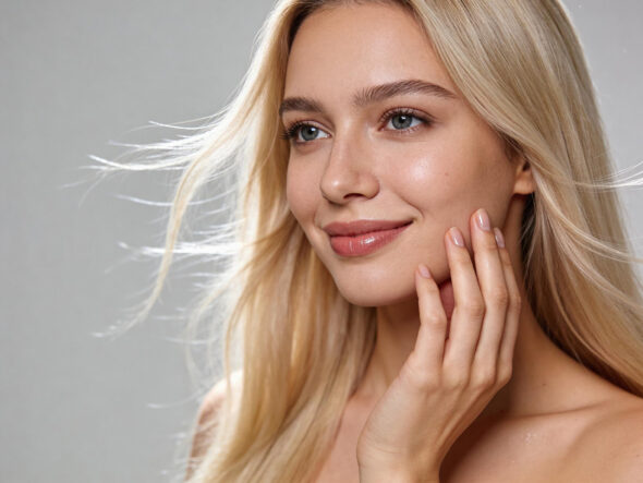 Close-up portrait of a smiling blonde woman with clear glowing skin gently touching her cheek, soft natural makeup, and a light gray background.