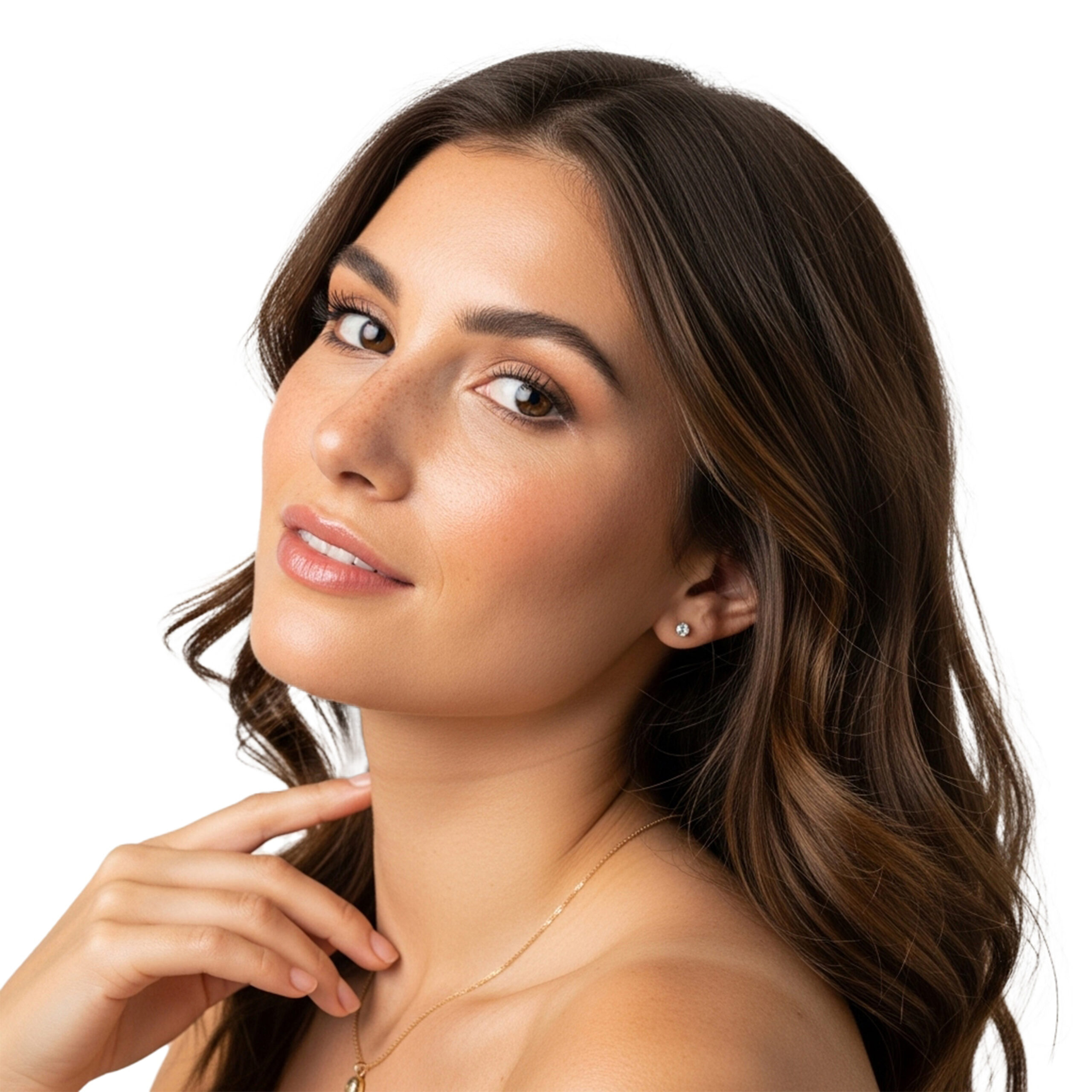 Woman with wavy brown hair tilting her head slightly while touching her neck, wearing subtle jewelry.