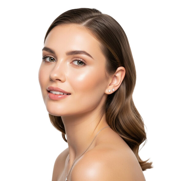 Beauty portrait of a woman with long brown hair, glowing skin, and small stud earrings looking toward the camera.