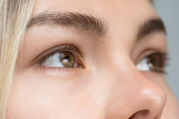 Close-up of hazel eyes, blonde brows, and nose with natural skin texture in soft light.