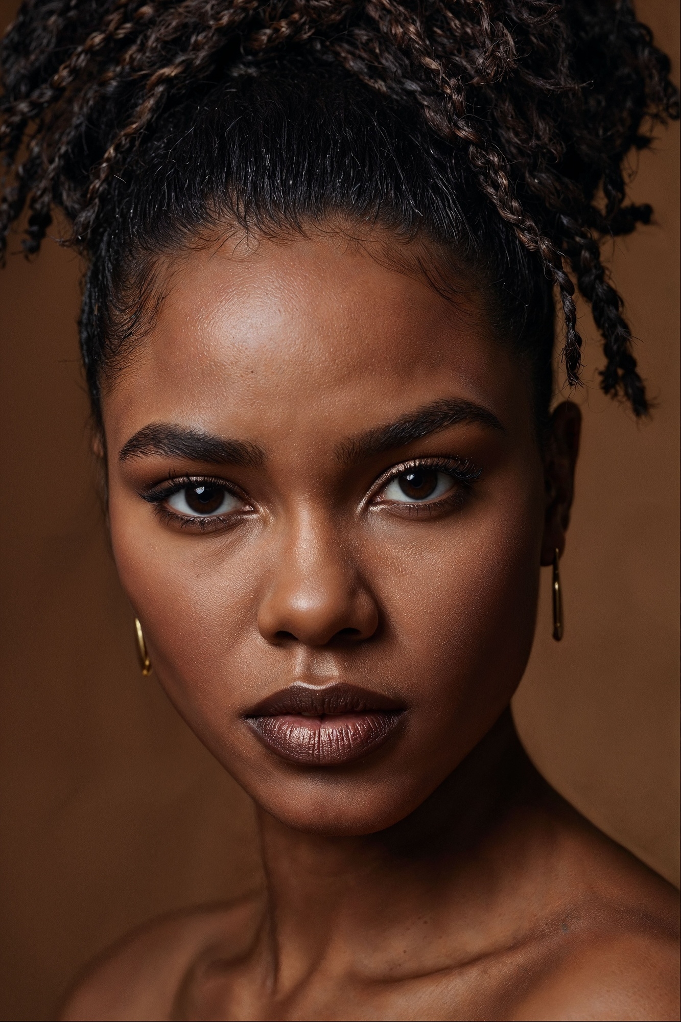 Close-up portrait of a woman with a braided updo and gold hoop earrings looking directly at the camera.
