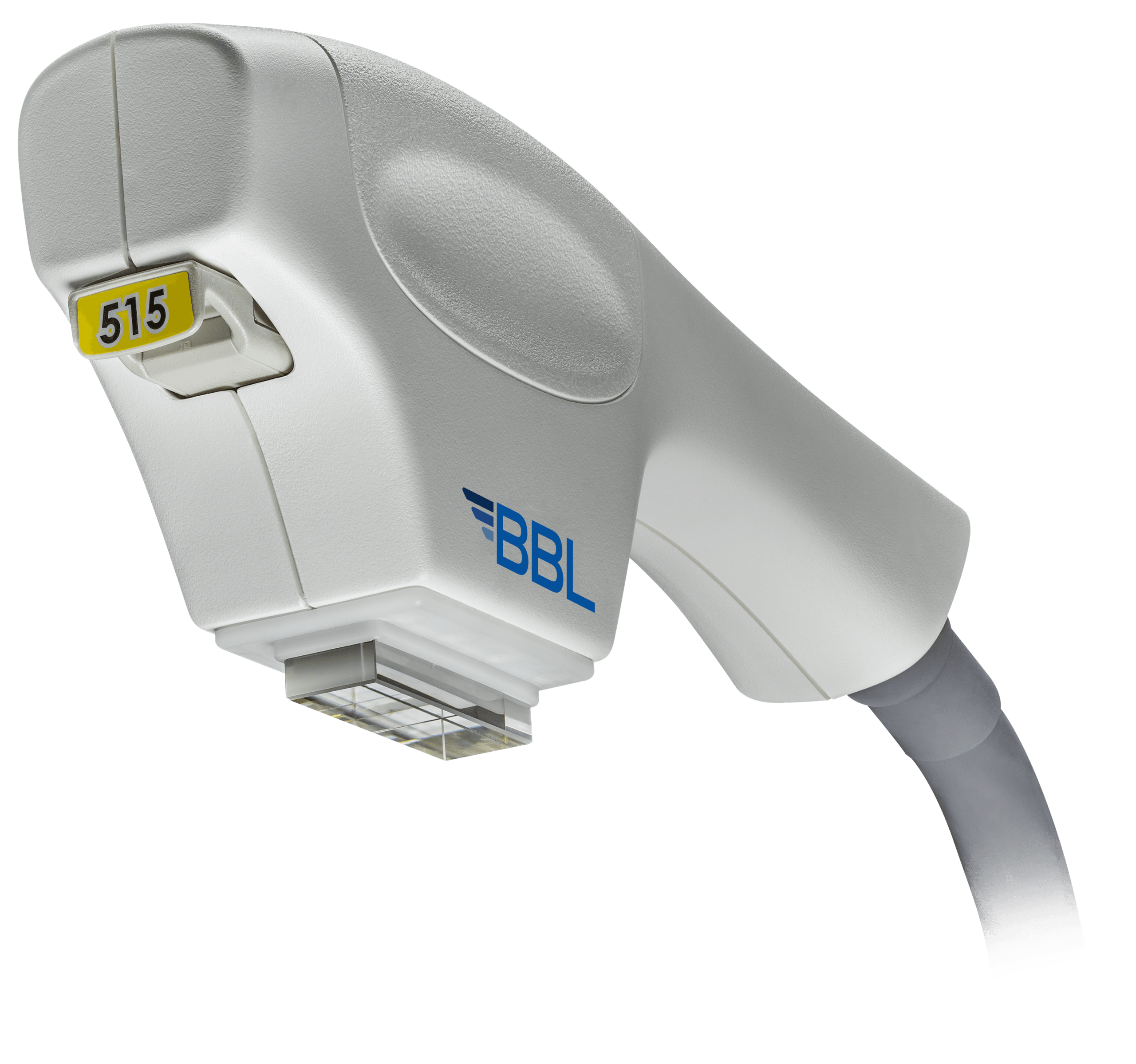 BBL HERO laser treatment handpiece with white ergonomic design and interchangeable filter attachment.