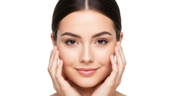Beauty portrait of a smiling woman with smooth skin and hands framing her face.