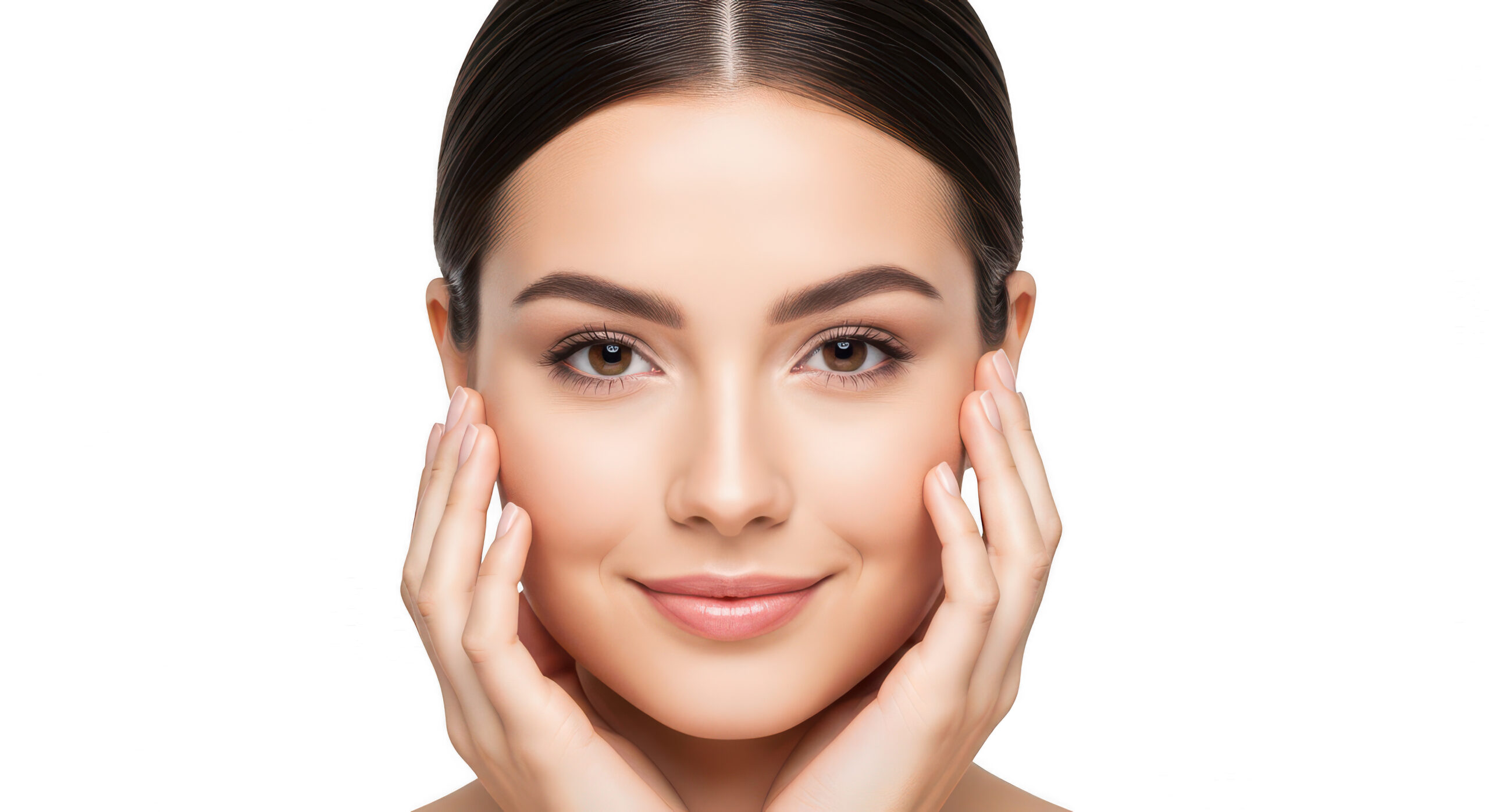 Beauty portrait of a smiling woman with smooth skin and hands framing her face.