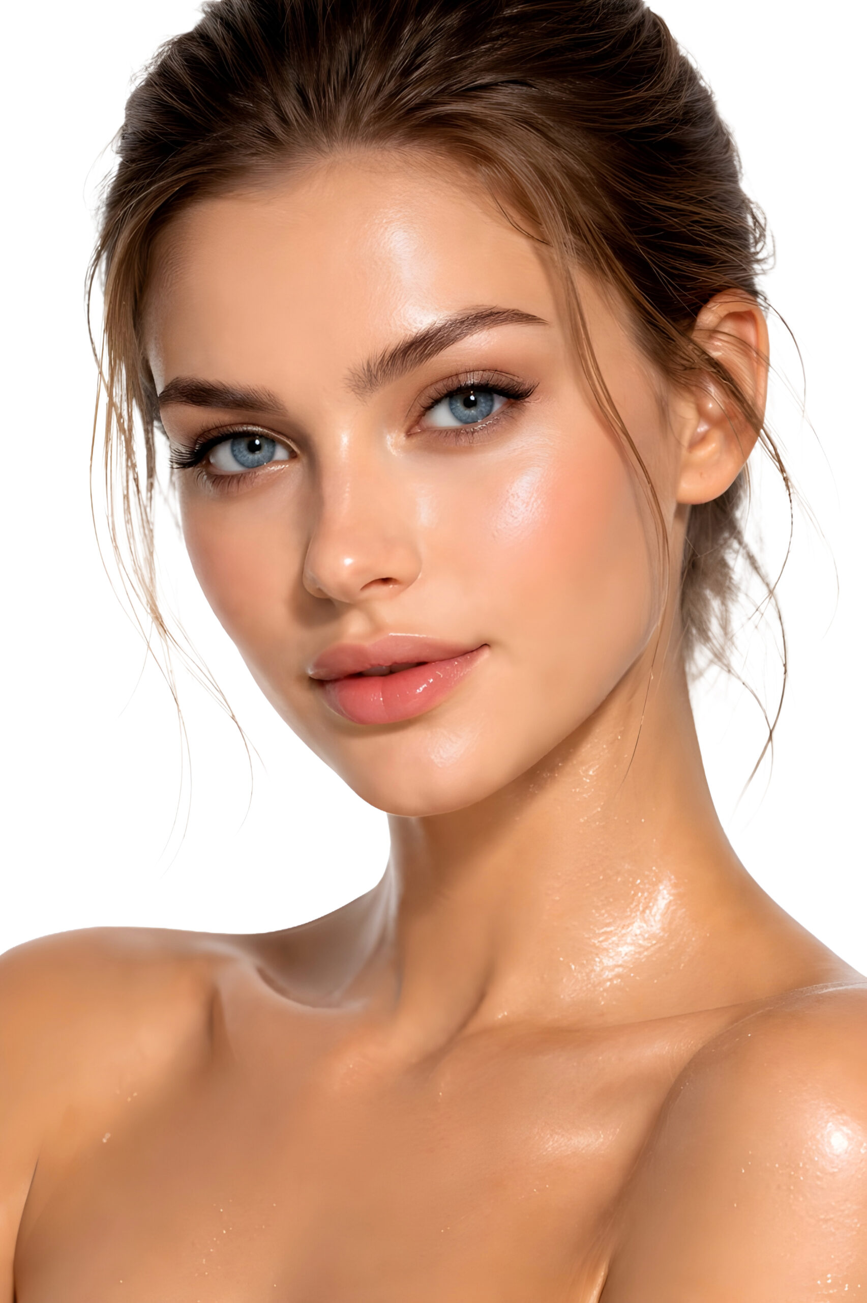Close-up skincare beauty portrait of a woman with blue eyes, glossy skin, soft makeup, and an updo hairstyle.
